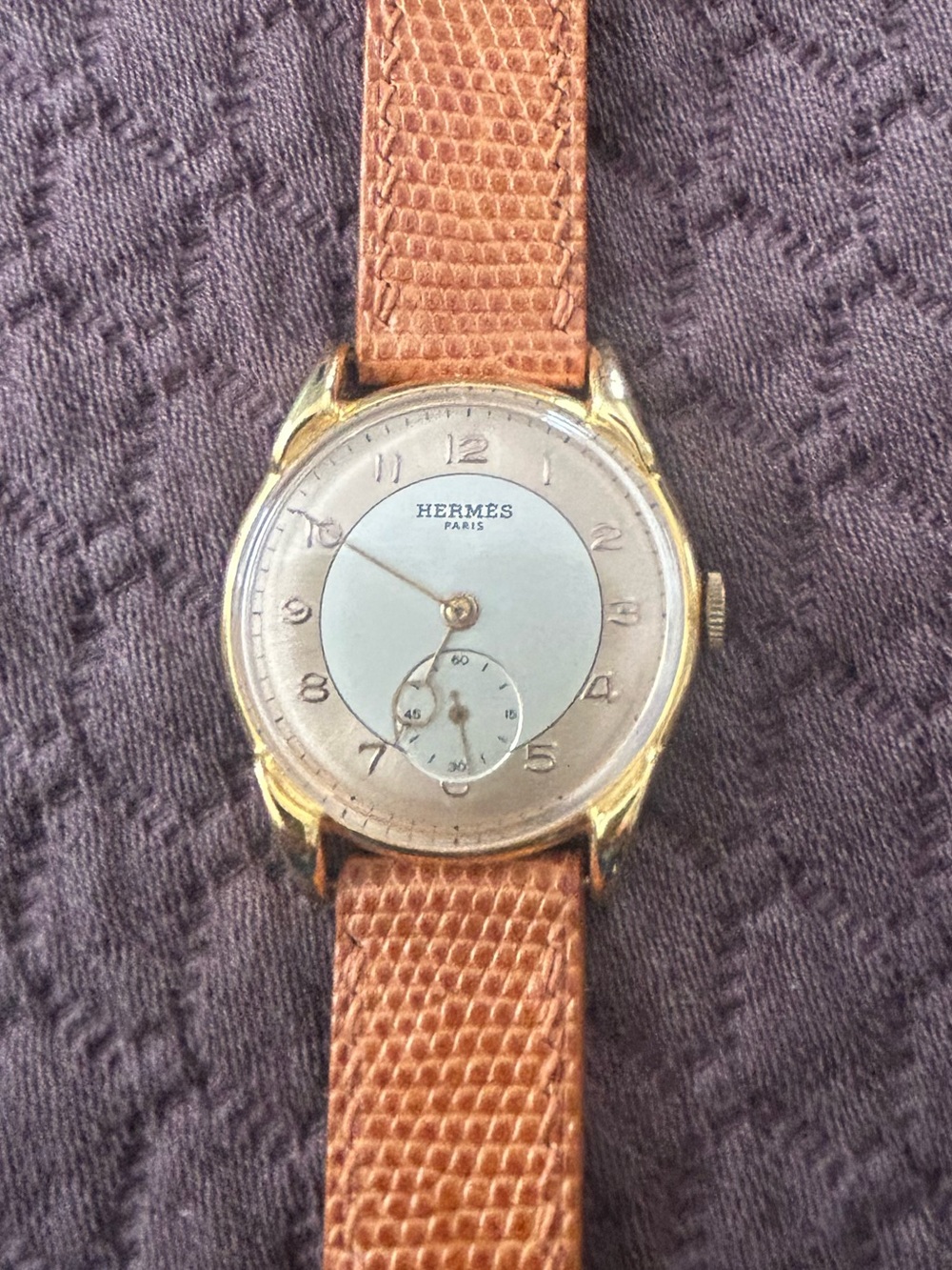 HERMES Paris “Moon Lugs” manual wind 33-34mm X 39mm, 17mm strap width.